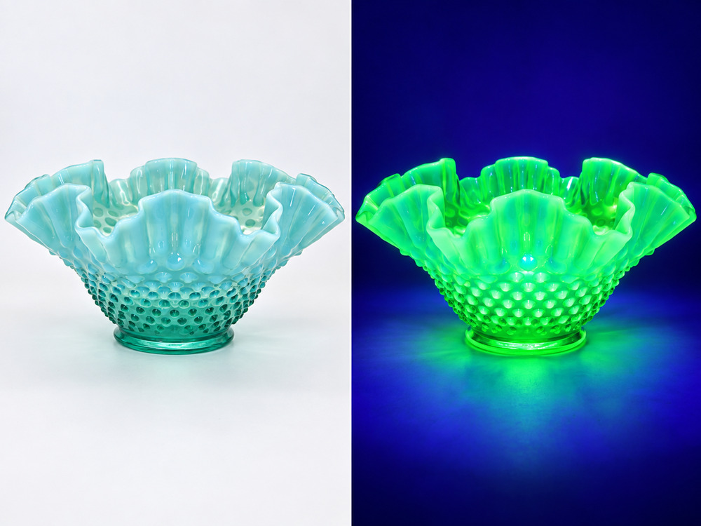Vintage Large Fenton Green Opalescent Uranium Hobnail Ruffled Bowl 10” 1940s